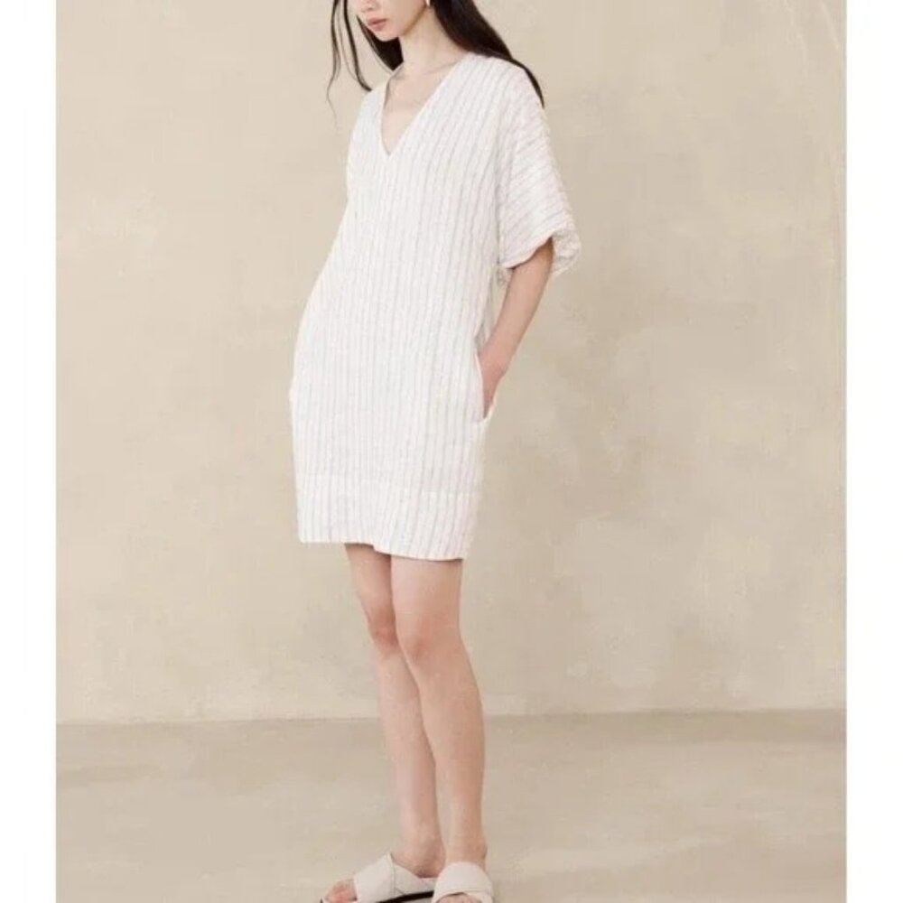 Banana Republic Womens Livia Linen Short Sleeve Striped Mini Dress
